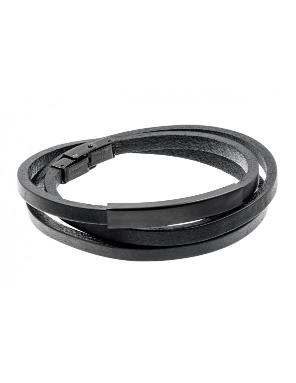 Leather and black stainless steel bracelet with...