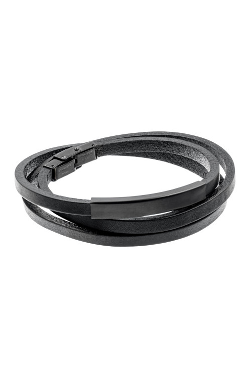 Leather and black stainless steel bracelet with engraving