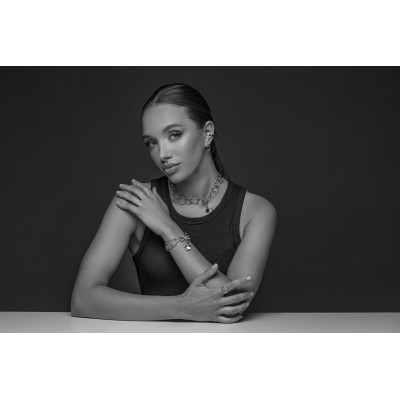 Silver stainless steel bracelet with movable elements and minimalist modern design. 2