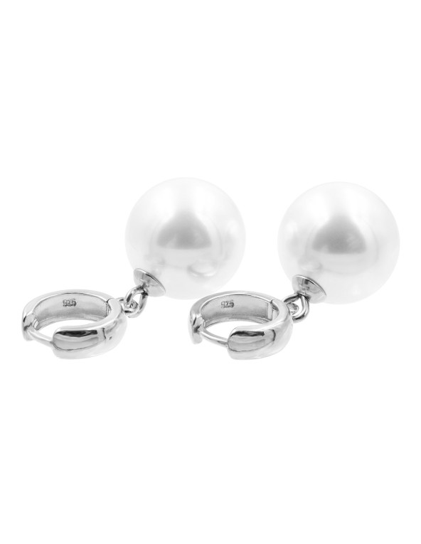 Silver hoop earrings with large shell pearl 16 mm made of sterling silver