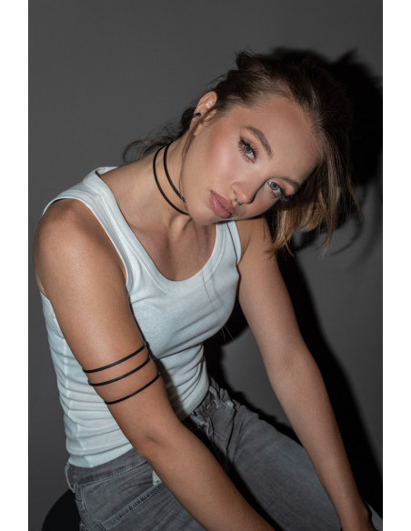 Black matte double stainless steel arm cuff with minimalist geometric design