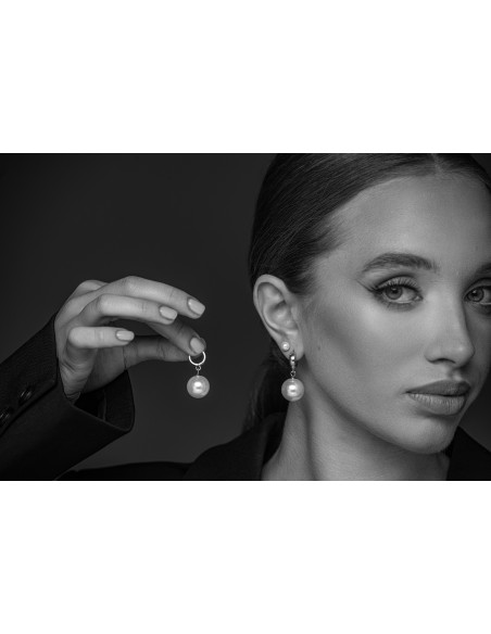 Silver hoop earrings with large shell pearl 16 mm made of sterling silver