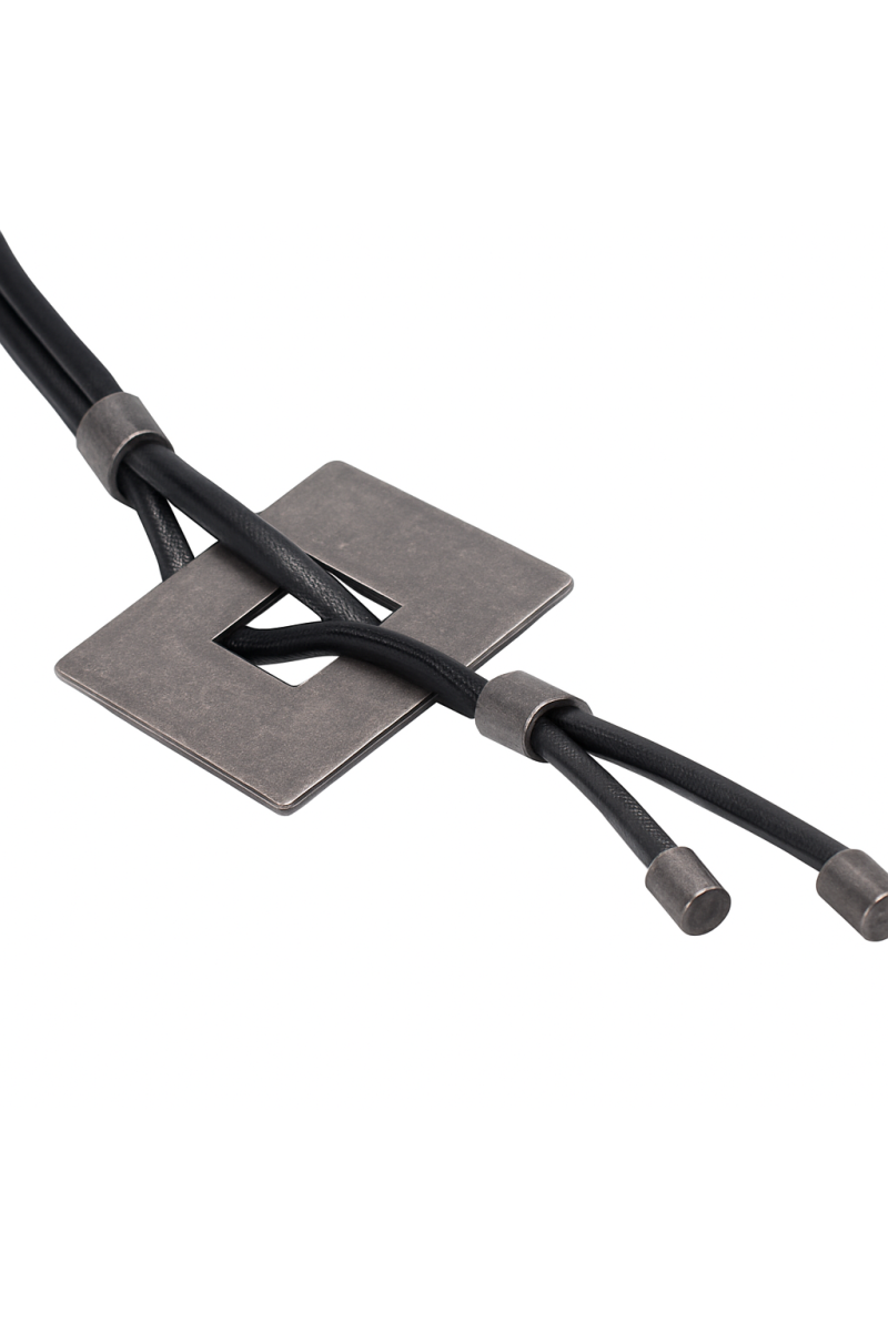 Leather necklace with matte stainless steel square pendant – handmade