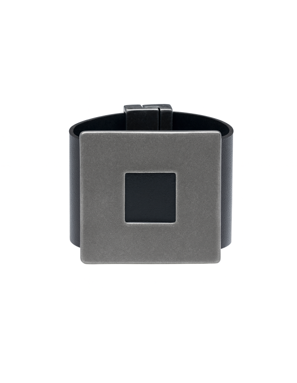 Black wide women's leather bracelet with a matte square accent and magnetic clasp