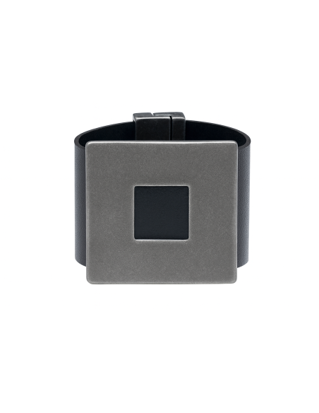 Black wide women's leather bracelet with a matte square accent and magnetic clasp