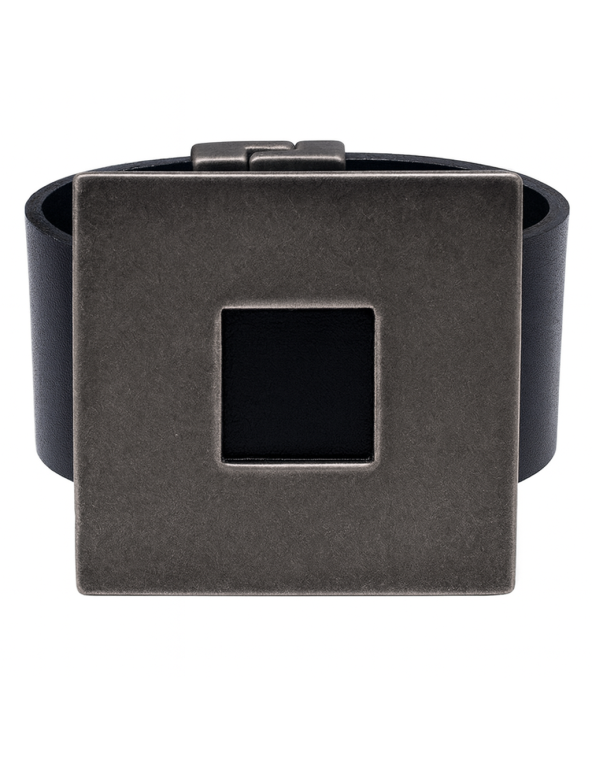 Black natural leather bracelet with a matte square accent – elegant minimalism