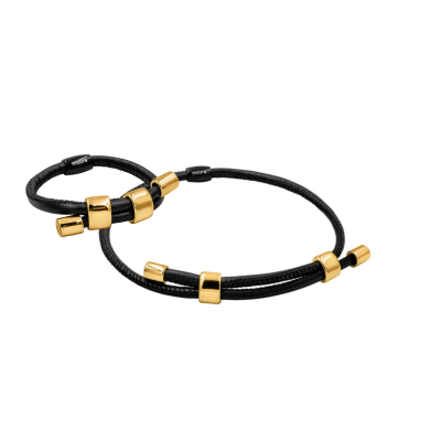 Black leather and gold-plated steel jewelry set with modern design