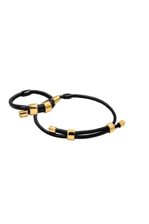 Black leather and gold-plated steel jewelry set with modern design