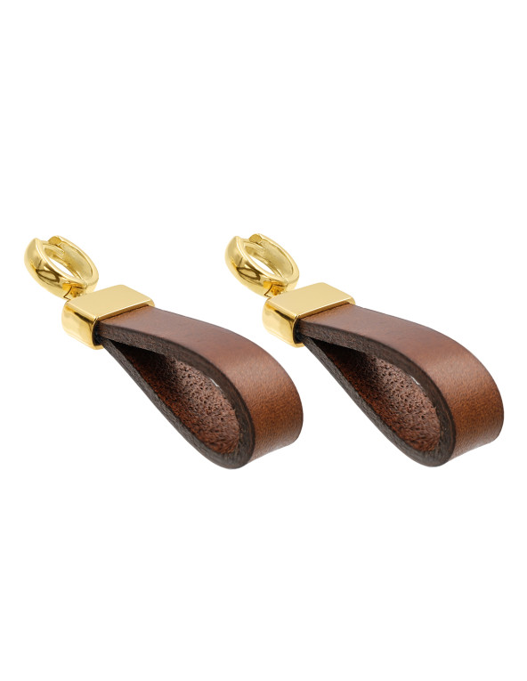 Brown leather and 24K gold-plated silver earrings