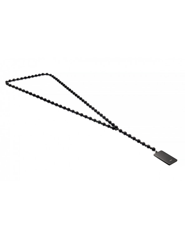 Men's long necklace of matte onyx stones with a black pendant for engraving.