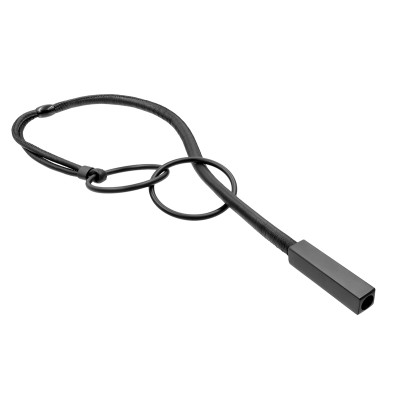 Long black necklace made of leather and stainless steel