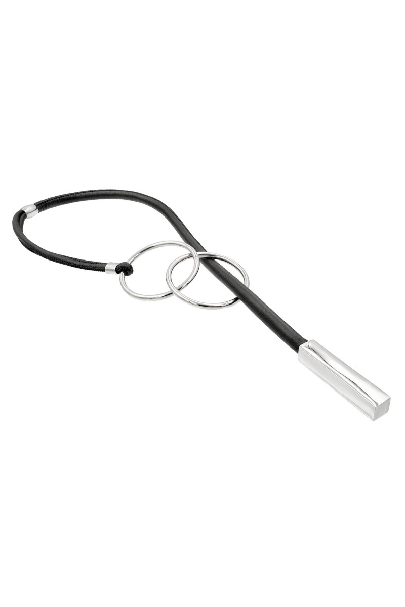 Long black leather necklace with matte black stainless steel