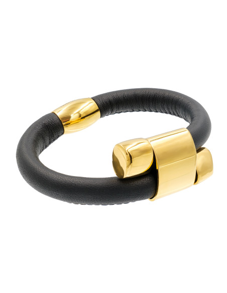 Adjustable leather bracelet with gold-plated stainless steel