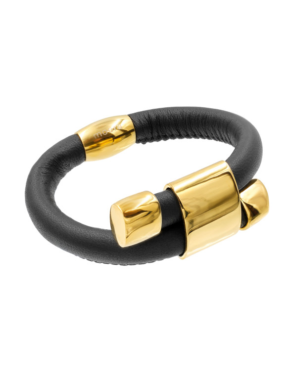 Adjustable leather bracelet with gold-plated stainless steel