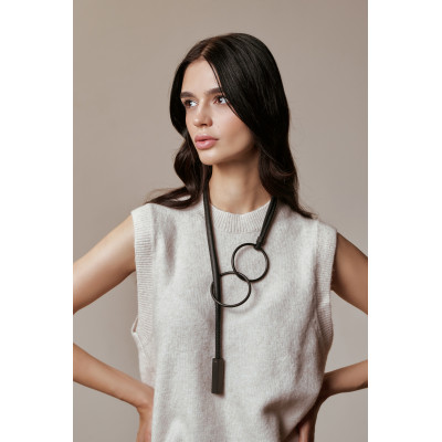 Long black necklace made of leather and stainless steel 2