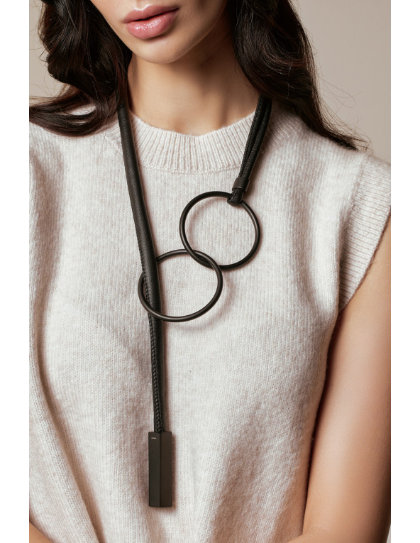 Long black necklace made of leather and...