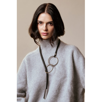 Long black leather necklace with matte black stainless steel 2