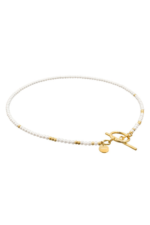 A delicate necklace made of shell pearls and gold-plated stainless steel
