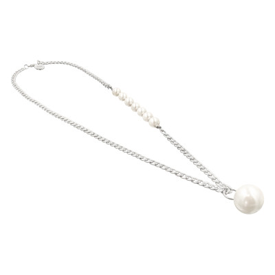 White shell pearl necklace with decorative chain and large pearl pendant.