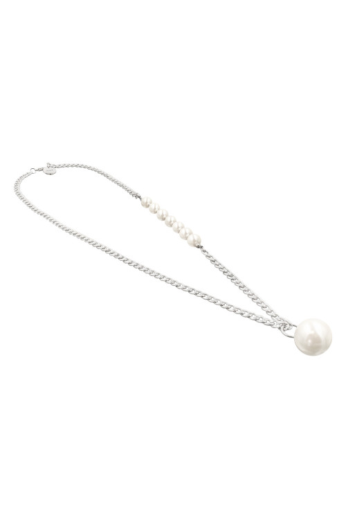 White shell pearl necklace with decorative chain and large pearl pendant.
