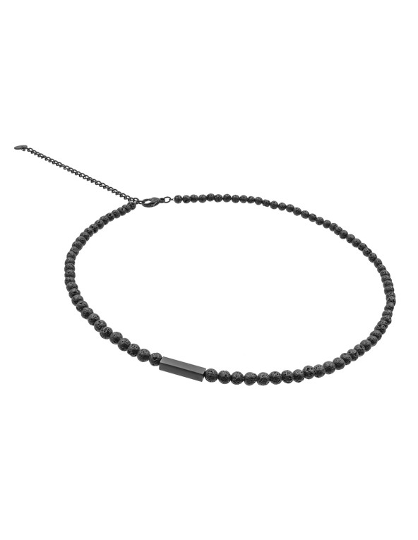 Men’s volcanic lava stone necklace with black stainless steel detail.