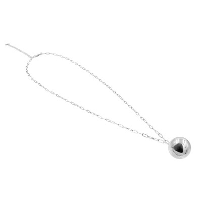 Long silver stainless steel necklace with large decorative sphere.
