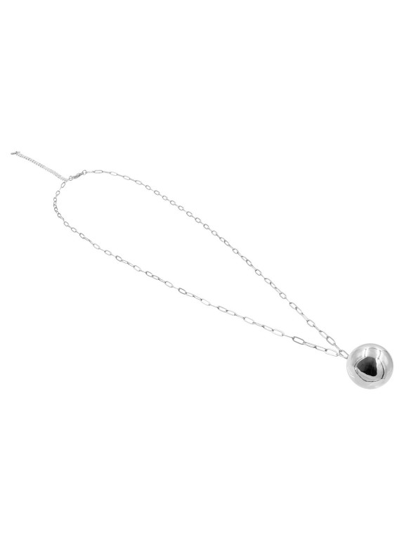 Long silver stainless steel necklace with large decorative sphere.