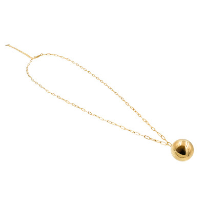 Long gold-plated stainless steel necklace with large decorative sphere.
