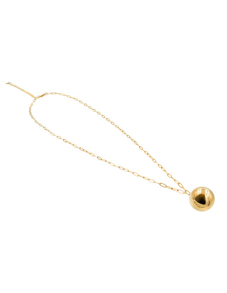 Long gold-plated stainless steel necklace with large decorative sphere.