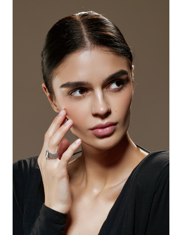 Modern ring made of stainless steel mesh and silver 925