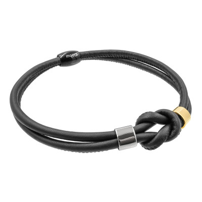 Necklace made of black natural leather and gold-plated stainless steel in silver and gold tones.