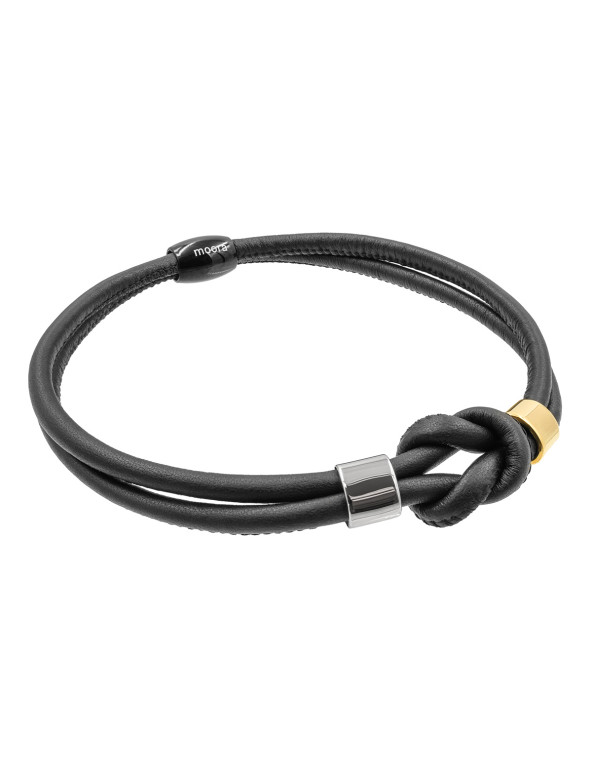 Necklace made of black natural leather and gold-plated stainless steel in silver and gold tones.