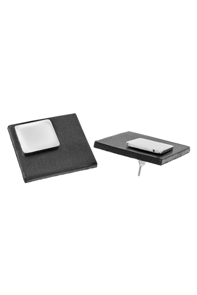 Square earrings made of natural leather and stainless steel in a modern style.