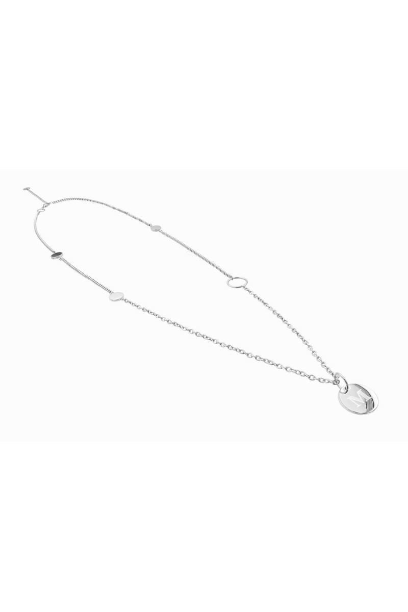 Long gold necklace with round engraved initial pendant