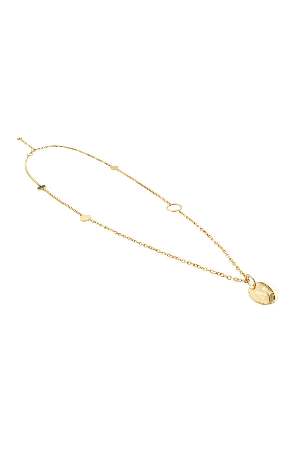 Long gold necklace with round engraved initial pendant