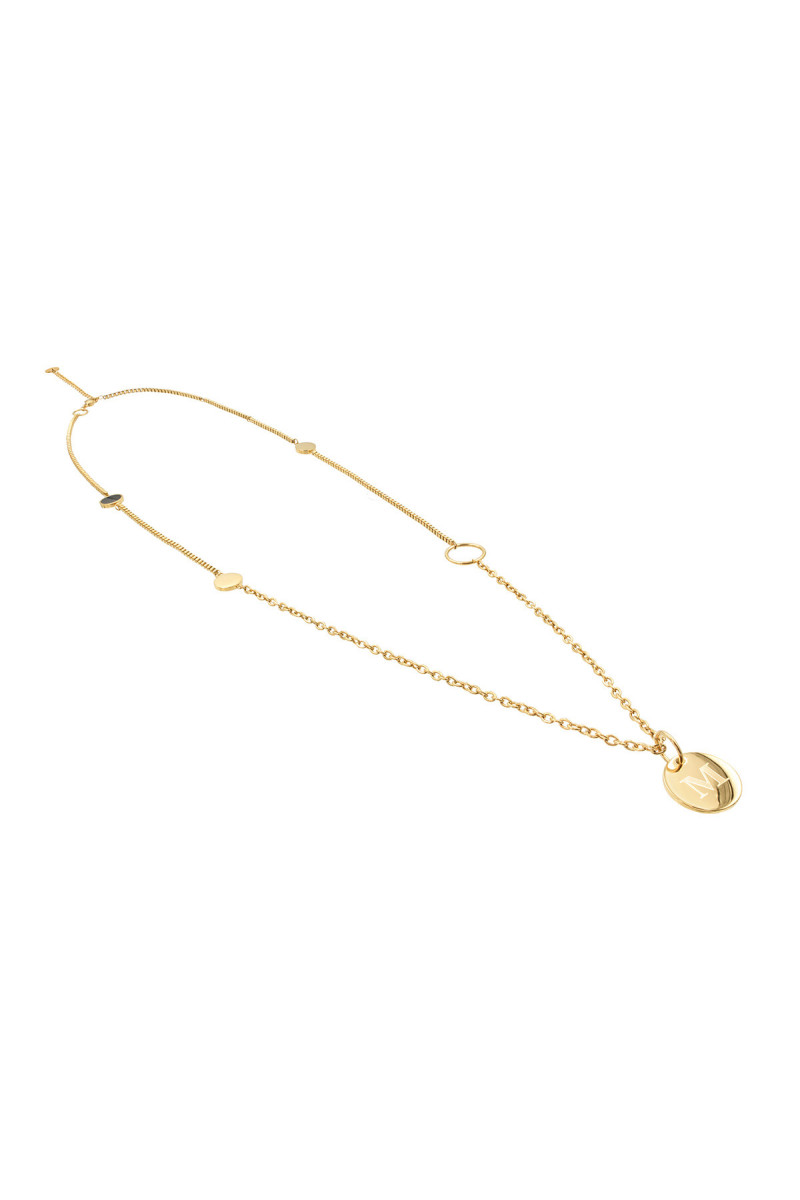 Long gold necklace with round engraved initial pendant