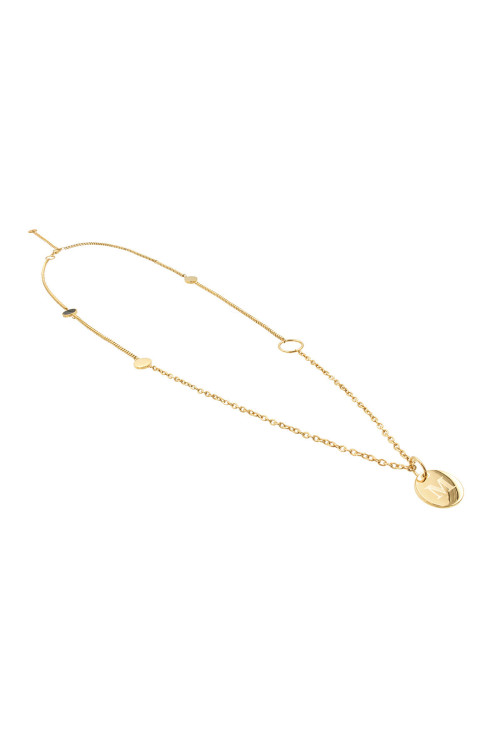 Long gold necklace with round engraved initial pendant
