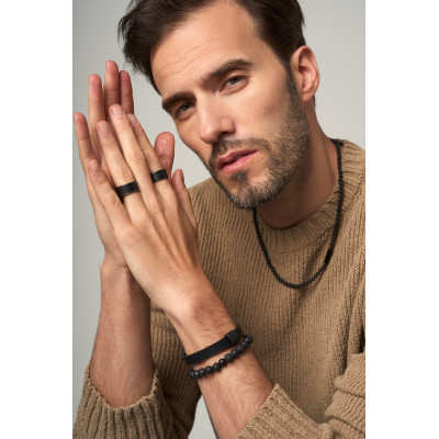 Men’s volcanic lava stone necklace with black stainless steel detail. 2