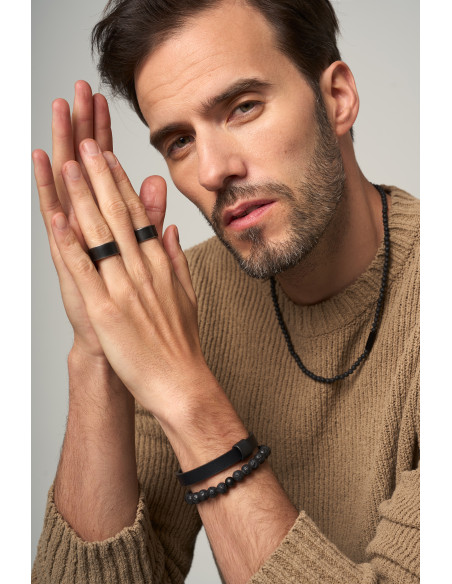 Men's necklace made of volcanic lava and black steel