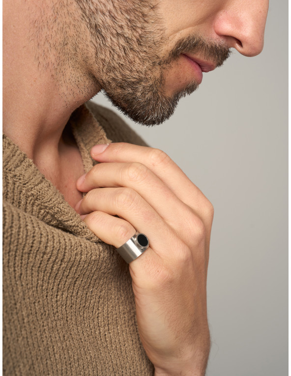 Men's stainless steel signet ring with eyelet