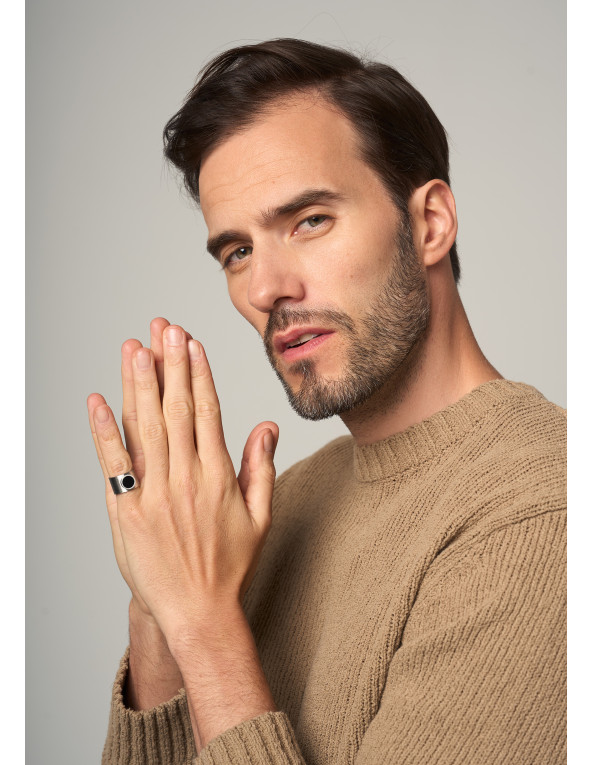 Men's stainless steel signet ring with eyelet