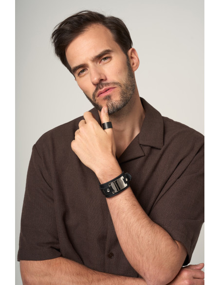 Wide black matt stainless steel ring