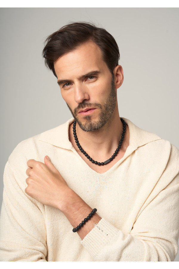 Men's necklace made of volcanic lava and black steel with a lobster clasp 2