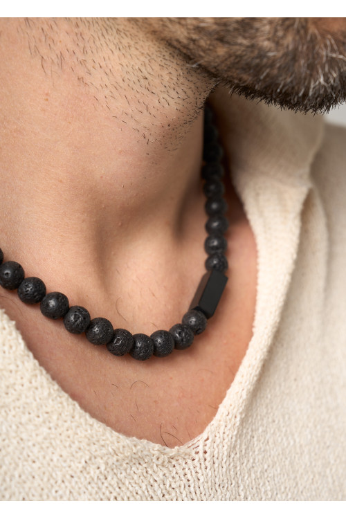 Men's necklace made of volcanic lava and black steel with a lobster clasp