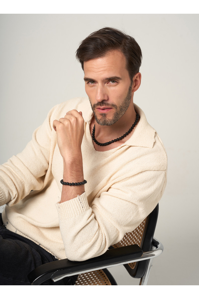 Men's necklace made of volcanic lava and black steel with a lobster clasp