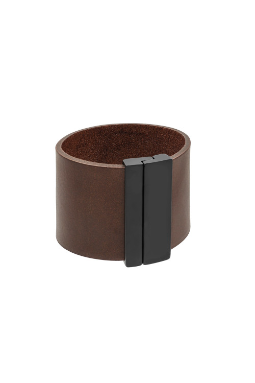 A wide, brown bracelet made of natural leather with a black magnetic clasp