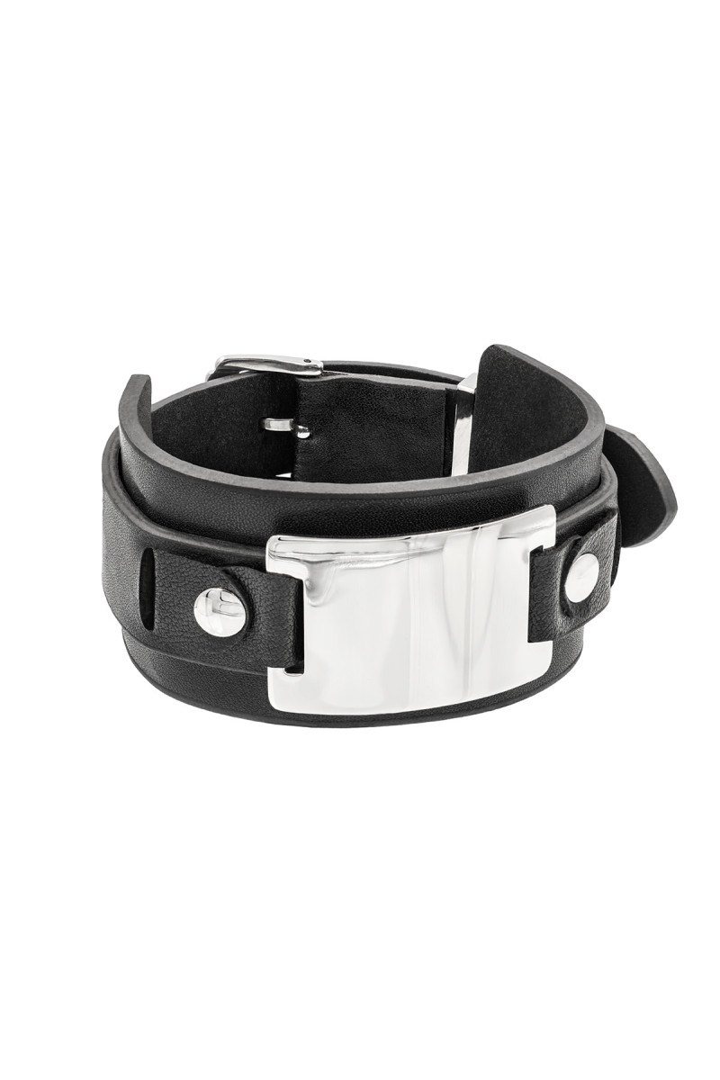 Men's black eco-leather bracelet with an engraving panel.