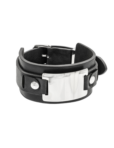 Men's black eco-leather bracelet with an engraving panel.
