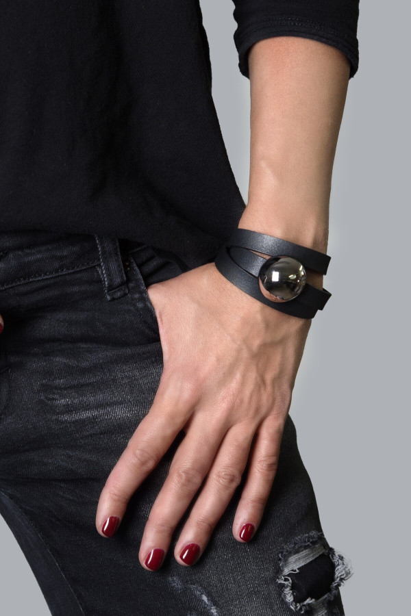 Black leather bracelet with polished steel sphere and adjustable watch-style clasp 2