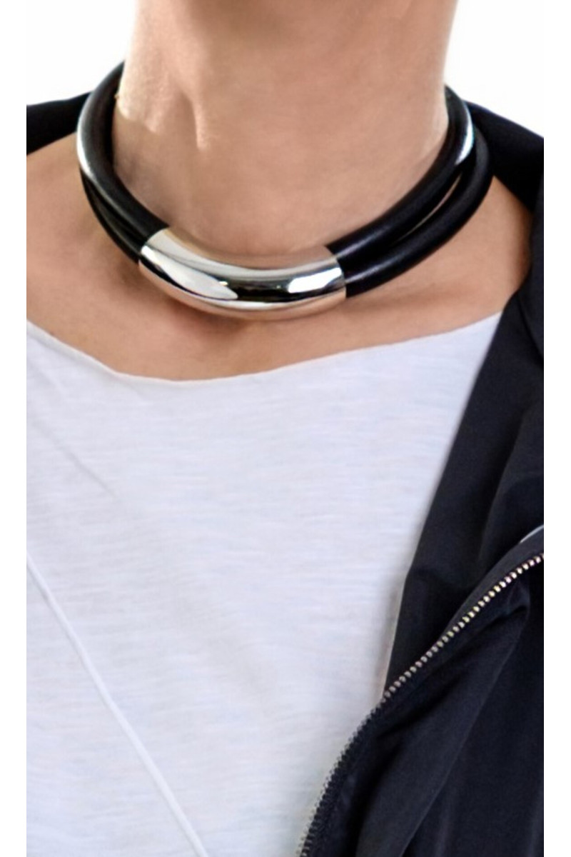 Leather necklace with large matte stainless steel element – handmade